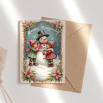 Коледна картичка “Весели празници” с деца и снежен човек - винтидж дизайн