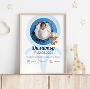 Персонализиран плакат със снимка и данни за раждане на момченце.