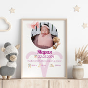 Персонализиран плакат със снимка и данни за раждане на момиченце.