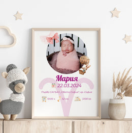 Персонализиран плакат със снимка и данни за раждане на момиченце.
