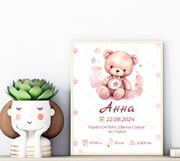 Персонализирана бебешка визитка за момиче с розово мече.