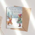 Коледна картичка с илюстрация на момиченце и куче