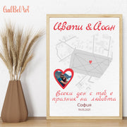 Персонализиран плакат “Тук започна всичко” с карта и имена на двойка.