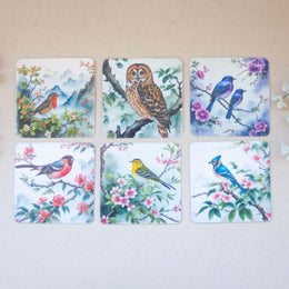 Комплект от шест подложки за чаши с красиви птици в различни цветове