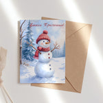 Коледна картичка с детски зимен мотив - снежен човек