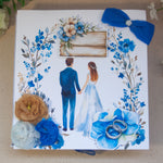 Ръчно изработена сватбена картичка с чекмедже и сини цветя