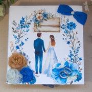 Ръчно изработена сватбена картичка с чекмедже и сини цветя