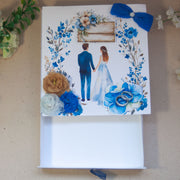 Картичка с чекмедже за подарък - сватбен дизайн в синьо и бяло.